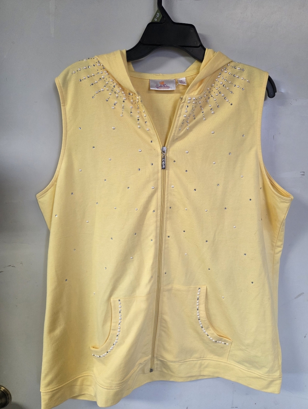 Quaker Factory Sleeveless Yellow Hoodie Vest with Rhinestones